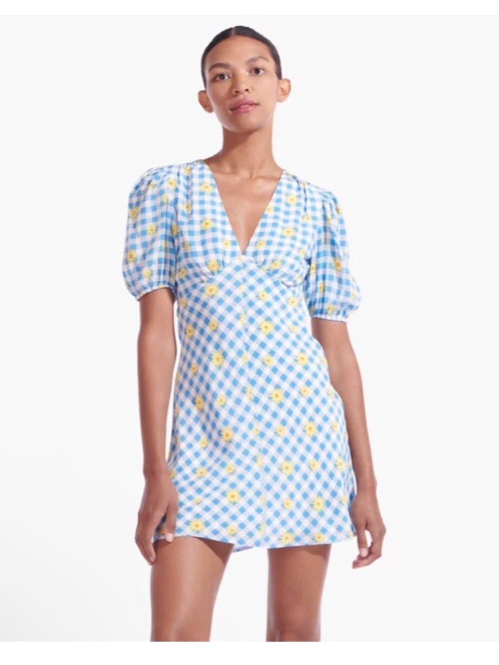 STAUD Milla Print Mini Dress Blue Gingham Daisy Plaid Puff Sleeve (sz 4)